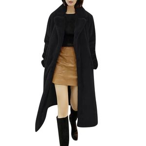 Kvinnors Trench Coats Ladies 2021 Tjock Long Coat Lapel Womens Solid Färg Faux Wool Jacka Vinter Öppna Overroat Kläder Manteau Femme