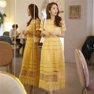 Women Elegant Yellow Lace Dress Summer Style Short Sleeve Hollow Out Sexy Clothes Casual Female Party Midi Vintage 210603