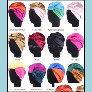 Beanie / SKL Caps hattar hattar, halsdukar Handskar Fashion Aessories Stain Silk Bonnet Satin Cap Set Turban Elastic Wide Band Satin Knotted Hair Los