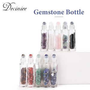 10pcs 10ml Roll On Bottles Natural Gemstone Essential Oil Roller Ball Transparent Perfumes Liquid With Crystal Chips Storage & Jars