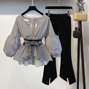 Spring Summer 2 Pcs Suits Women's Striped Bow Lantern Sleeve Blouse + Black Split Flare Sleeve Pants Set M-3XL 210514