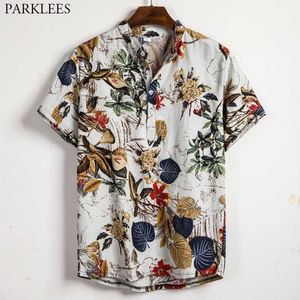 Stylish Hawaiian Shirt Men Henley Neck Half Button Beach Wear Shirts Mens Casual Short Sleeve Tropical Aloha Chemise 210522