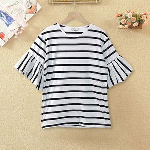 Branco listra preta o pescoço de algodão casual camisetas para mulheres moda chique s xxl plus size tendência verão verão camisetas tops 210527