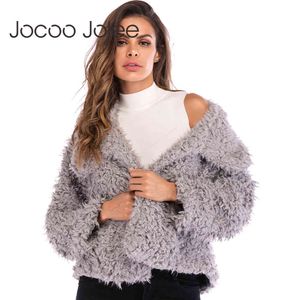 Joco jole kvinnor faux päls tjock kappa vinter kvinnlig casual jacka solid lös cardigan plus storlek fluffy coat outwear streetwear 210518