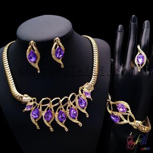 Earrings & Necklace Yulaili Factory Novel Design African Golden Purple Cubic Zircon Anniversary Costume Ladies Four Jewelry Sets