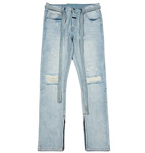 Męska High Street Side Zipper Jeans Moda Ripped Rysunek Slim Fit Denim Spodnie Retro Luźne Dorywcze Spodnie