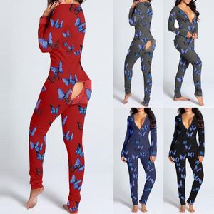 Wholesale sexy onesies adults resale online - Women s Jumpsuits Rompers Sexy Pijamas Onesies Button Front Functional Buttoned Flap V neck Butterfly Print Adults Jumpsuit Pyjama Femme S