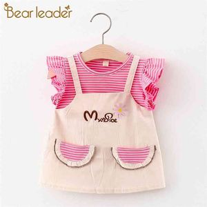 Baby Girls Striped Dresses Fashion Kids Party Embroidery Dress Toddler Suspender Ruffles Clothes Flowers Suits 210429