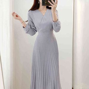 Nyanlända 2021 Koreanskt Chic Höst Vintage V-Neck Långärmad Solid Färg Chiffon Pläterad Klänning Kontor Lady Casual Midi Dress Y1204