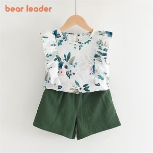 Bärenführer Kinder Mädchen Blumenkleidung Mode Baby Mädchen Blume Rüschen Weste und Shorts Outfits 2 Stücke Kinder Kleidung Sets 210708