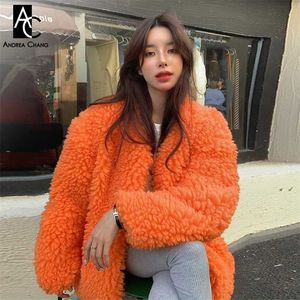 EINE GRÖSSE herbst winter frauen mantel jacke orange beige grün kunstpelz mantel offenen stich mode lässig lose flauschigen mantel 211110