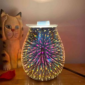 Aquecedor elétrico de velas Art Fireworks Glass Tarte de óleo perfumado com efeito 3D Luz noturna Fragrância Aroma Lâmpada decorativa