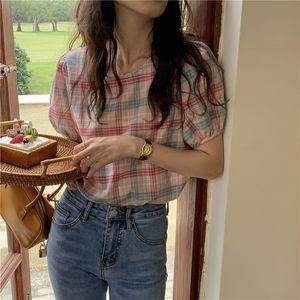 Vintage Causal Loose Simple Short Sleeve Kvinnor Mode Plaid College Wind Slim Kvinnor Kvinna Blusar 210522