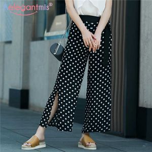 Aelegantmis Chiffon High Waist Pants Women Belted Ankle-Length Office Lady Vintage Dot Wide leg pants Split Trousers 210607