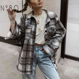 Vintage Woman Loose England Plaid Shirt Coat Fashion Ladies Höst Single Breasted Jacket Kvinna Cool Oversized Blouse 210515