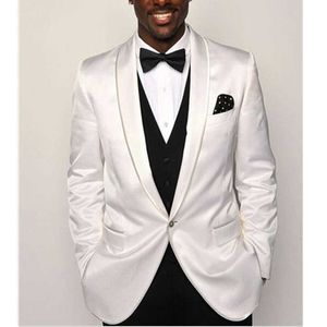 Afrikansk Fashion Groom Tuxdedo För Bröllopsmiddag 3 Piece Slim Fit Men Passar Vit Jacka Svart Väst med Byxor 2021 x0909