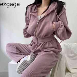 Ezgaga Two Piece Set Tops and Pants Women Autumn Tracksuit Long Sleeve Hoodies+High Waist Mopping Pants Candy Loose Streetwear 210430