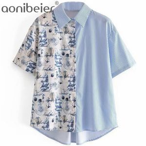 Blue Striped Patchwork Women Casual Blouses Summer Fashion Short Sleeve Loose Shirts Female High Low Hem Printed Tops 210604