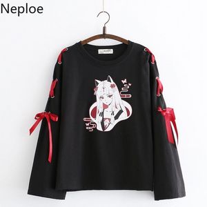 NELLOE осень японский с длинным рукавом футболка мультфильм напечатана футболка Harajuku Cross Bowknot Bandage футболки белые черные вершины 210317