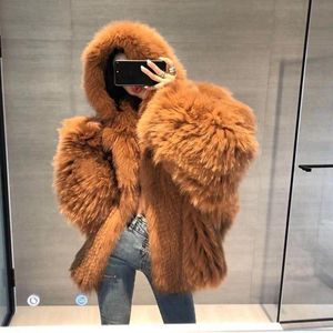 Women's Fur & Faux Women Hooded Coat Warm Flocking Cotton Mink Jacket High Waist Bomber Fluffy Cardigan Long-sleeved Tassels Tops