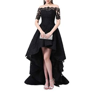 Sexy Hi-Lo Lace Formal Evening Dresses With A-Line 1/2 Sleeve Bateau Prom Party Gowns BE01