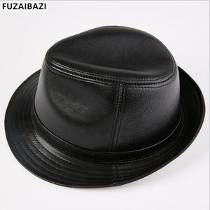 Style Autumn Winter Genuine Leather Men's Hats Flat Top Sheepskin Hat Fashion Panama Jazz Wide Brim
