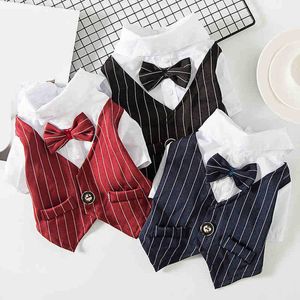 Gentleman Dog Wedding Suit Formal Shirt Bowtie Tuxedo Dog Apparel Pet Halloween Christmas Costume Striped Dogs Clothes with Tie for Birthday Party Wine red S A236