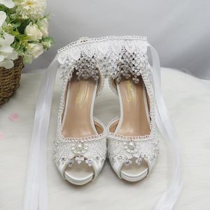 Sukienka Buty Białe Pearl Fish Usta Otwarte Palec Koronki Buty Ślubne Dla Kobiet Bridal Ballroom Heels Fashion Płytkie Cienkie Piętro Kostki