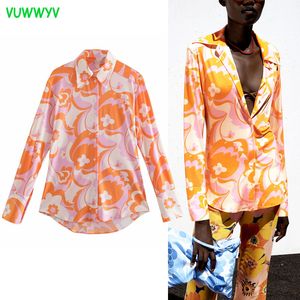 Vuwwyv mulheres camisas laranja botão de impressão para cima mulher manga comprida camisa de colarinho moda streetwear senhoras blusa 210430