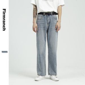 Firmranch Spring/Summer Men/Women Retro 90s Straight Leg Denim Pants All-match Light Blue Make Old Moustache Loose Jeans