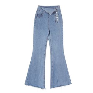 Kvinnor Denim Byxor Flare Knapp Full Längd Casual Asymmetrisk Blå P0036 210514