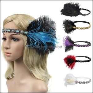 Headbands Hair Smycken Vintage Fascinators med fjäder för kvinnor Headband Headdress Rhinestones Beaded Party Aessoires Drop Leverans 2021 6