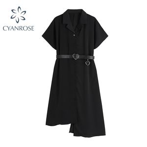 Gotisk svart blazer asymmertrisk kortärmad kvinna klänning sommar hög midja med bälte streetwear mode goth kvinnlig 210515