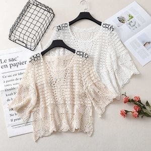 Sexy Loose Hollow Japanese College Wind Sweater Women Short sleeved Thin Large Size Solid Round Neck Pullover Jumpers Female 210604