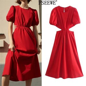 Летнее платье красный вырезать длинные женщины эластичные талии боковые ремни короткий слойный рукав элегантная женщина ES 210519