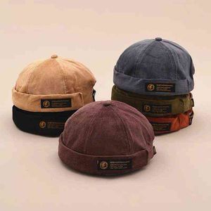 Flera färger Unisex Mäns hattar Brimless Cap Corduroy Docker Beanie Hat Rolled Cuff Retro Skullcap för män Kvinnor Streetwear Y21111