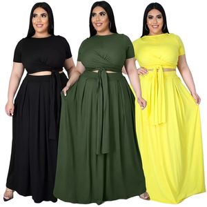 Plus Size Outfits for Women 4xl 5xl Fashion Round Collar Solid Color Bandage Swing Two Piece Set Skirts Wholesale Drop 211029