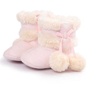 2021 Winter Snow Baby Boots Pink Warm Fluff Balls Indoor Cottton Soft Rubber Sole Infant Newborn Toddler Baby Shoes Free Ship G1023