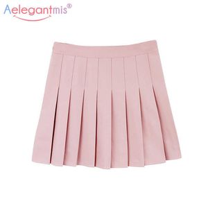 AELEGANTMIS сладкая лолита джинсовая плиссированная юбка женская милая высокая талия мини-A-Line Sailor Harajuku школьные девушки униформа 210607