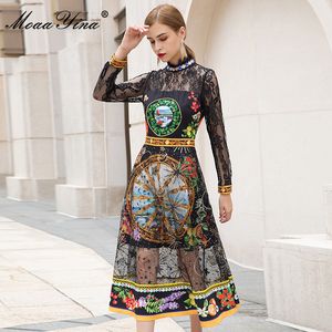 Fashion Designer dress Summer Women's Dress Lace Long Sleeve Beading Sequined Fruit Print Black Elegant Dresses 210524