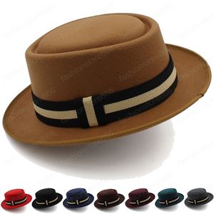Sonbahar Kış Kadın Geniş Ağız Şapka Moda Tüvit Şerit Düz Üst Panama Erkekler Için Fedoras Şapka Keçe Yün Caz Cap İngiliz Tarzı