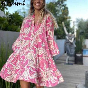 Vintage Yaz Elbise Kadınlar Çiçek Baskı Flare Sleeve V Boyun Rahat Kadın Boho Mini Beach Tatil Giysileri Vestido De Mujer 210513