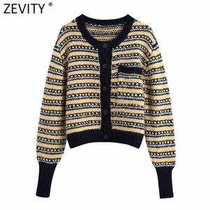 Zevity Kvinnor Vintage Färg Matchande Patchwork Striped Casual Short Knitting Sweater Femme Chic Pocket Cardigan Tops S688 210603