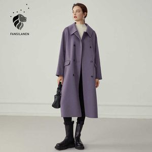 Fansilanen Long Elegant 100％ウールコート女性ベルトホワイトブレンド冬の女性特大のビンテージの紫色のジャケット210607