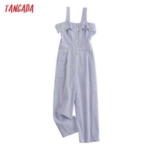Tangada 여성 여름 줄무늬 프린트 러프 여름 jumpsuit 민소매 백리스 나비 여성 캐주얼 Jumpsuit 6L46 210609