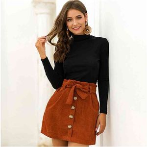 Autumn Winter Women Corduroy Skirts Fashion Elastic High Waist Bandage Belt Pocket Mini Casual Button Slim A-line 210619