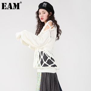 [Eam] buracos tamanho grande camisola de tricô solta V-pescoço de manga longa mulheres moda moda primavera outono 1dc78600 21512