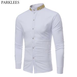 Altın Nakış Beyaz Elbise Gömlek Erkekler Marka Mandarin Yaka Slim Fit Chemise Homme Rahat Uzun Kollu Erkek Sosyal Gömlek 210522
