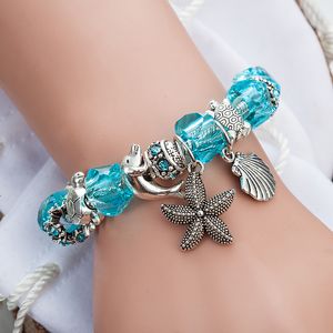 New Starfish Charm Bracelets Dropshipping Pink Blue Crystal Star Bead Bracelet Bangle for Women DIY Jewelry Gift