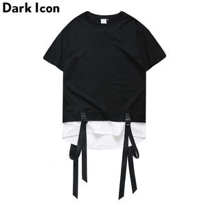 Patchwork Ribbon T-shirt Men Summer Curved Hem Men's T Shirt 210603